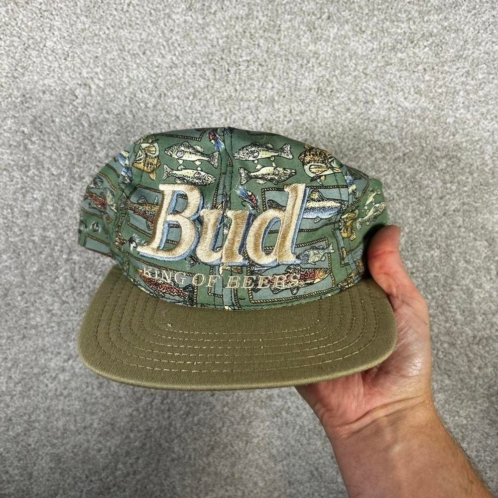 Vintage 90s Bud light beer fishing all over print SnapBack hat cap